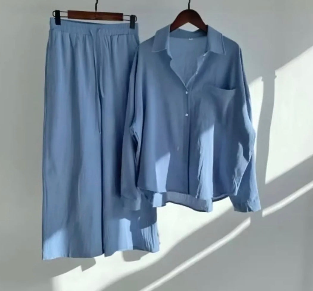 Button up tunic and palazzo set ( blue)